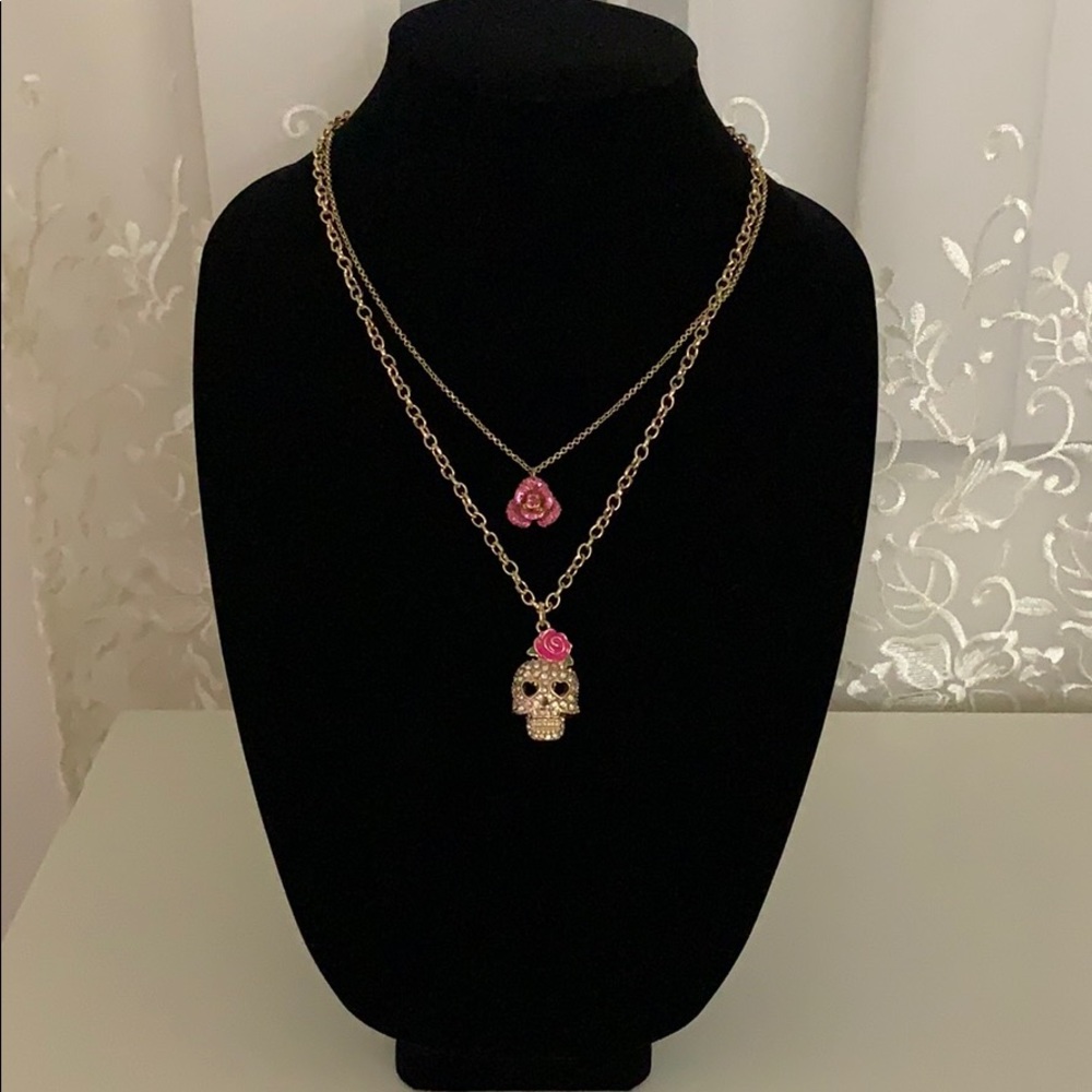 Betsey Johnson Gold Skull Pink Rose Layer Necklace